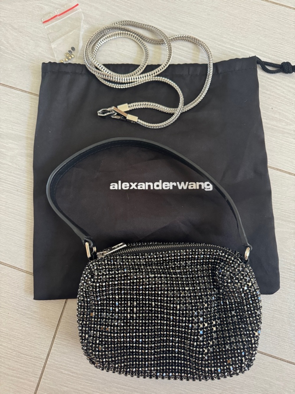 Alexander Wang Black Crystal Mini Bag with Silver Chain